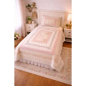 Vtg Peking Handicraft Twin Shabby Chic Cottagecore Floral Rose Comforter Ruffles